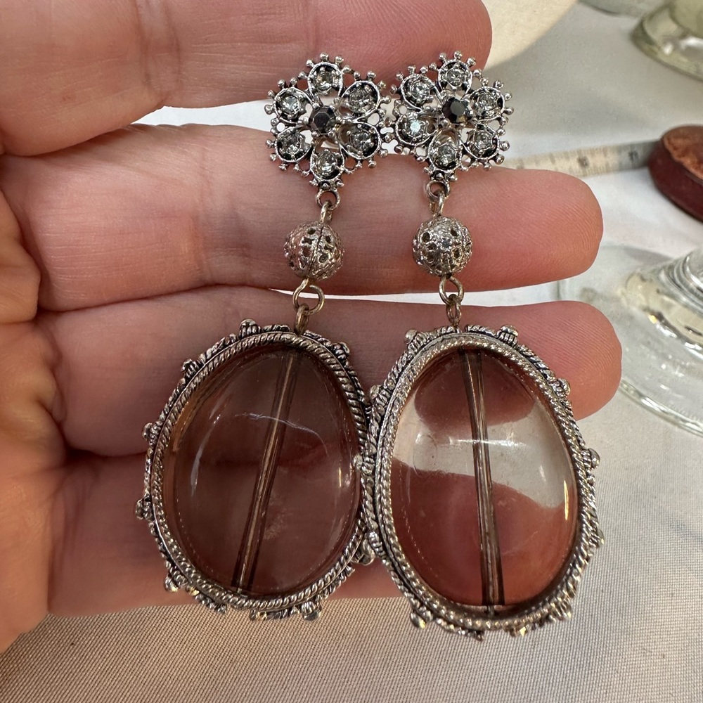 Large oval glass bead earrings with rhinestones - Picture 5 of 6